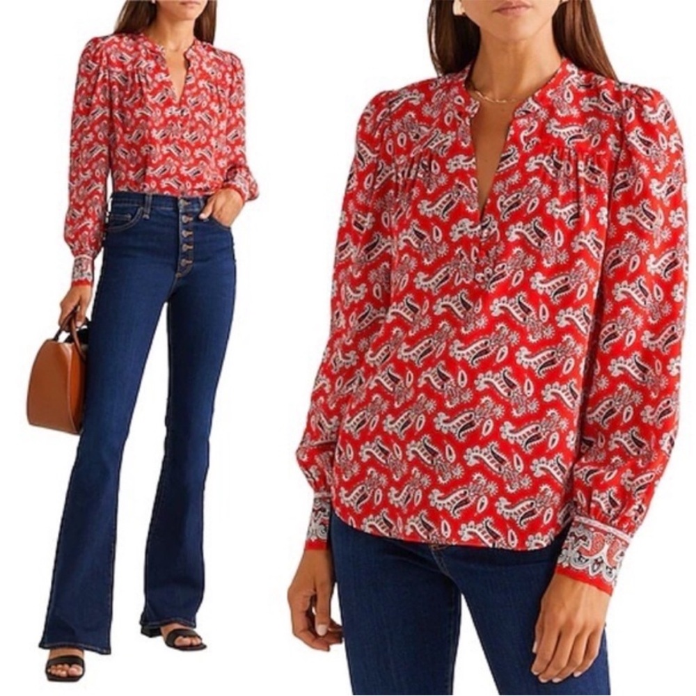 Veronica Beard Vibrant Red Paisley Print Abbie Top Size 2 100% Silk